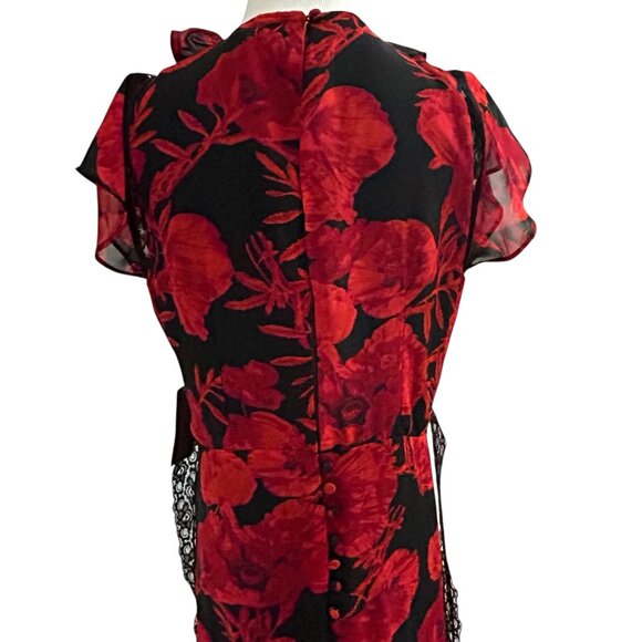 Eva Mendes Size S Black w/Red Roses Floral Maxi Dress Lace Waist Front Slit  SHO - Picture 11 of 15